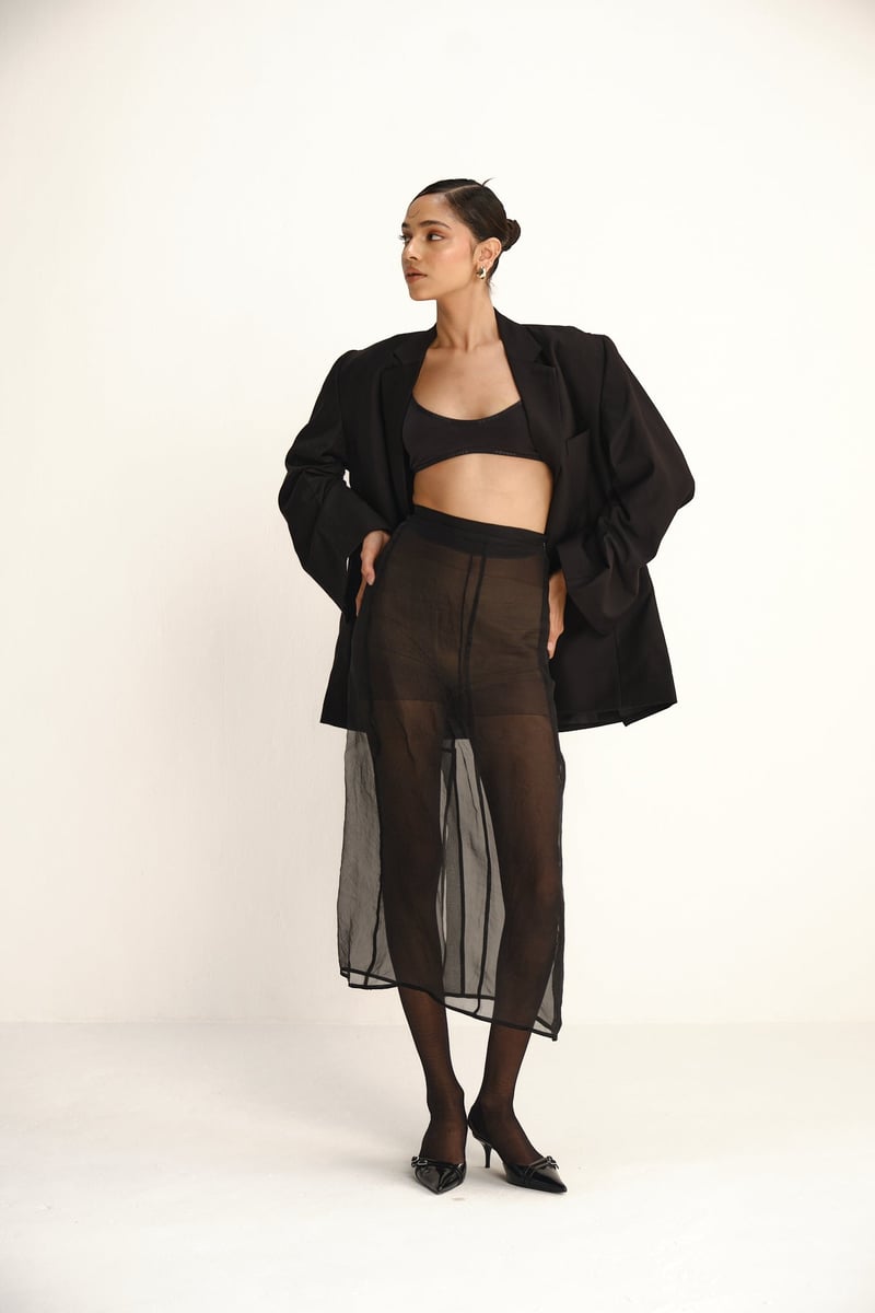 Black Sheer Organza Midi Skirt with Side Zip