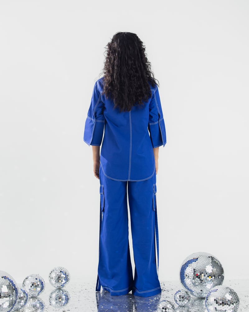 Royal Blue Applique Shirt and Wide-Leg Pants Co-ord Set