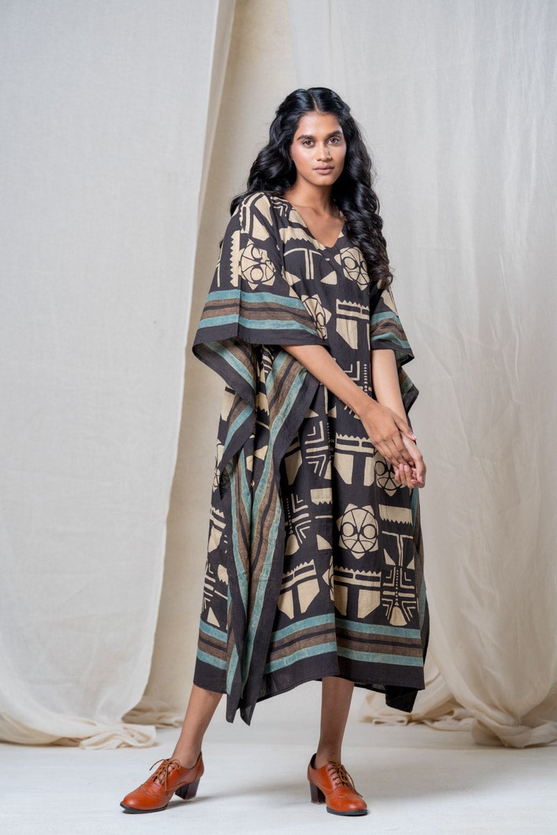 Black Block Print Cotton Midi Kaftan Dress — Vraj Bhoomi