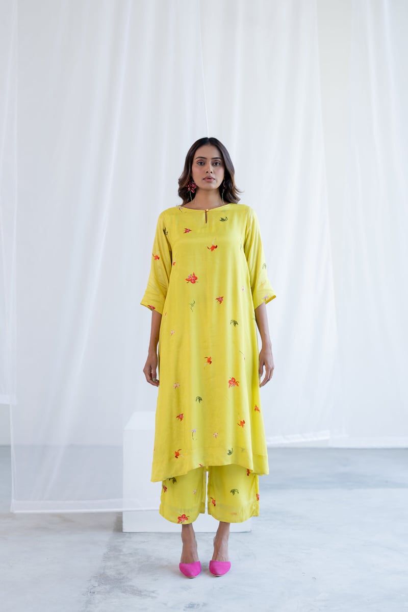 Lime Green Silk Voile Floral Printed Kurta Set with Pants