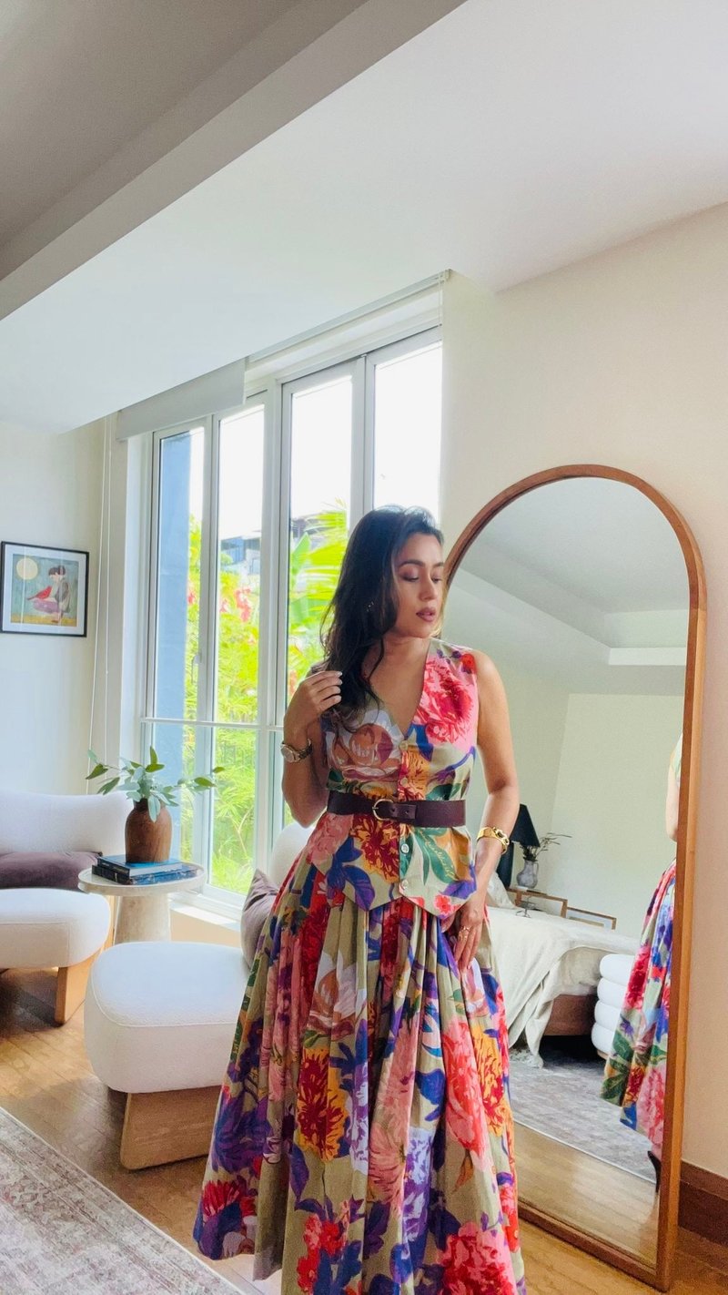 Multicolor Floral Waistcoat and Midi Skirt Co-ord Set