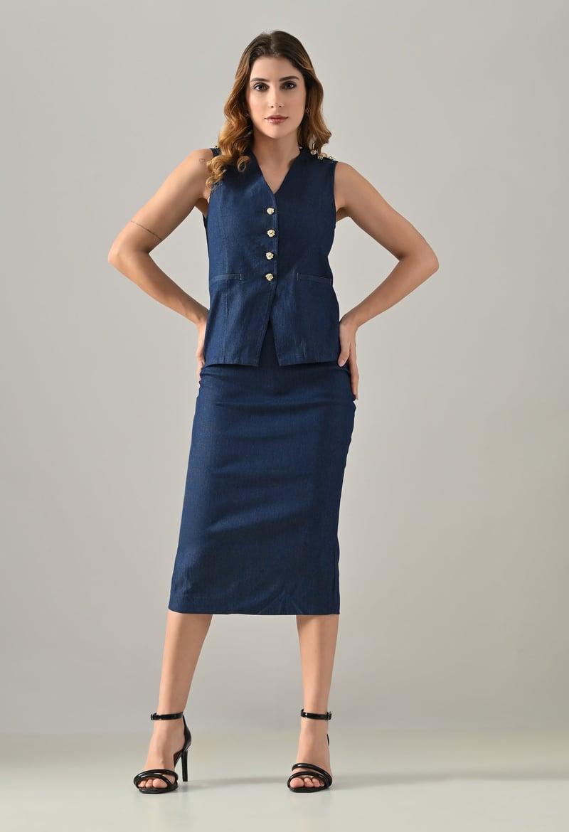 Blue Denim Waistcoat and Midi Pencil Skirt Co-ord Set