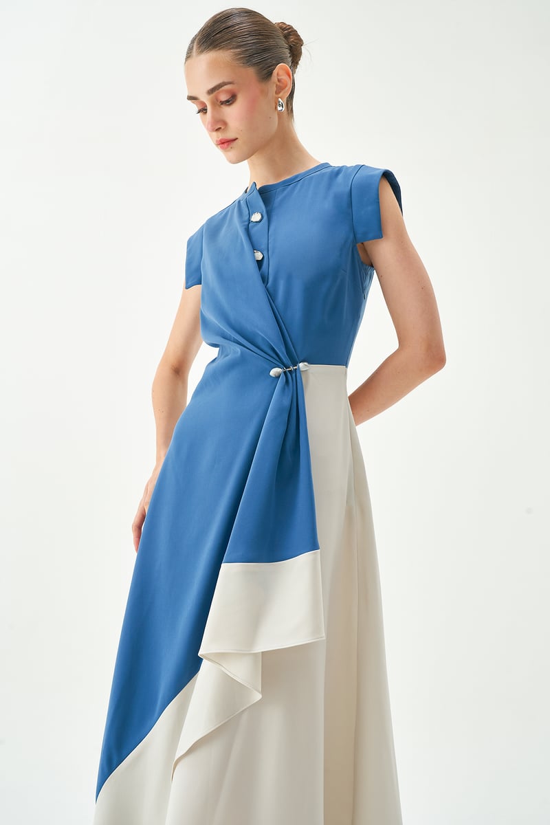 Prussian Blue and Ecru Colorblocked Midi Dress