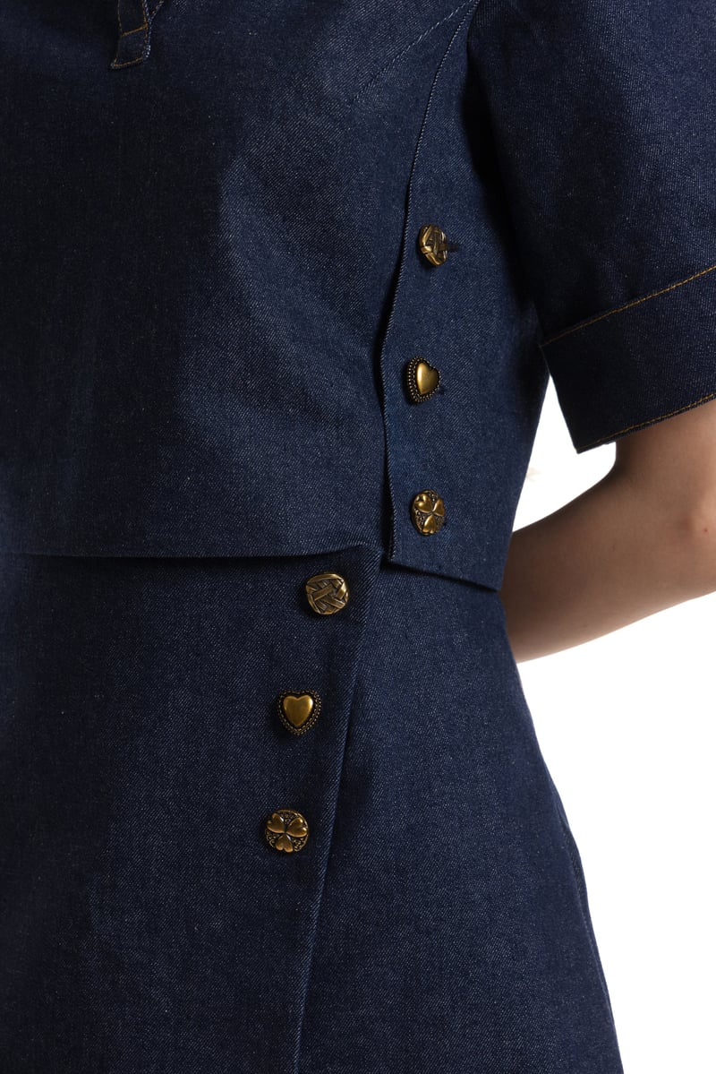 Denim Blue Cropped Boxy Collared Top with Side Buttons