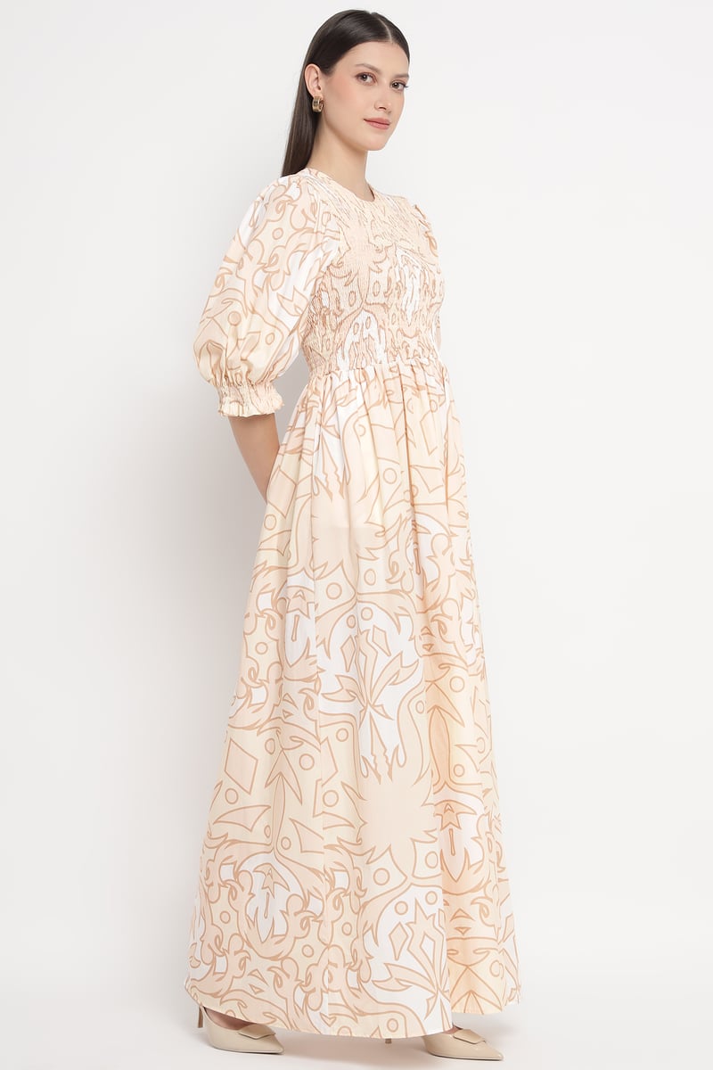 Palma Beig Abstract Print Smocked Maxi Dress
