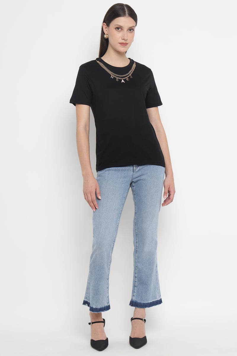 Black Crewneck T-Shirt with Chain Neckline Detail