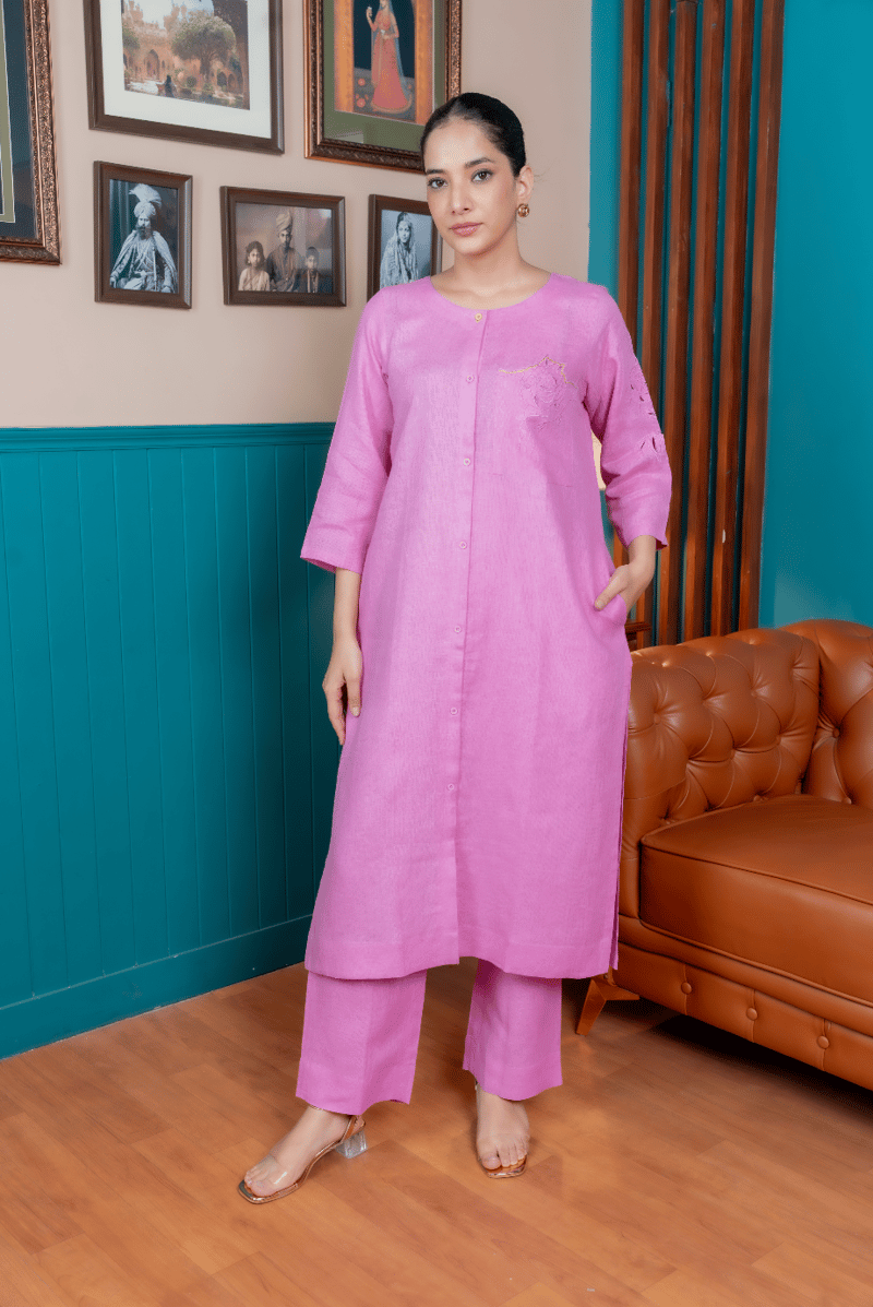 Purple Linen Straight Kurta Set with Floral Cutwork