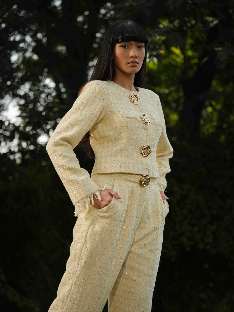 Butter Yellow Tweed Jacket and Straight Pants Co-ord Set