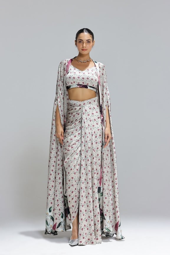 Beige Floral Bustier, Draped Maxi Skirt and Shrug Set