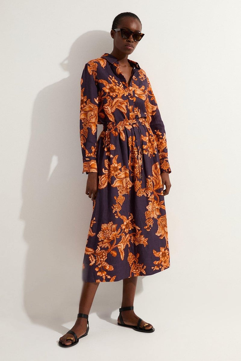 Navy Orange Floral Print Relaxed Fit Button-Front Shirt — KAREN MILLEN