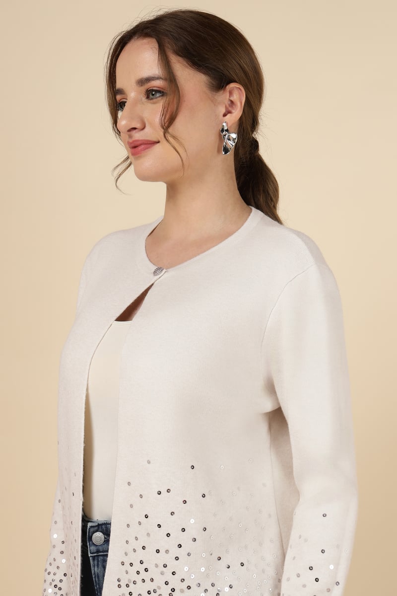 Ecru Sequin Hem Fine-Knit Cardigan