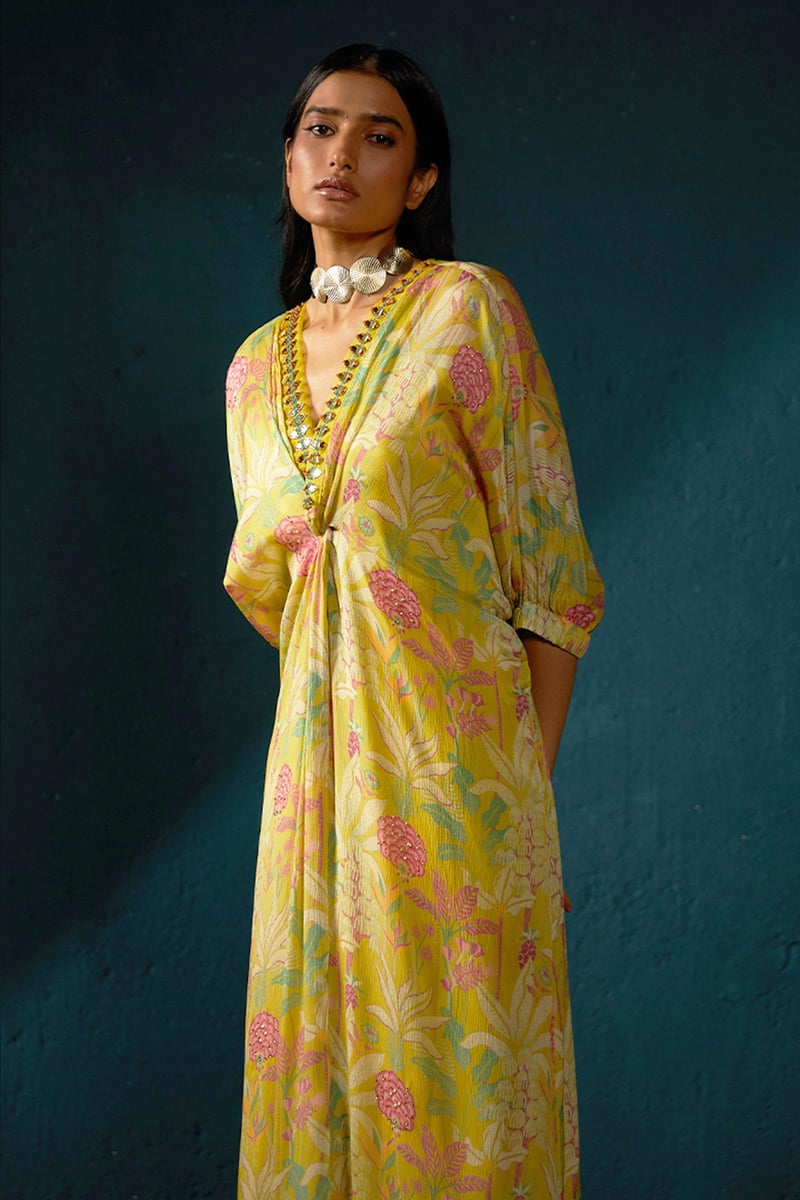 Yellow Floral Printed Long Kaftan with Embellished V-Neck