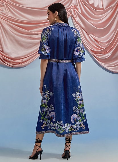 A.F Blue Belted Shirt Midi Dress with Floral Motifs