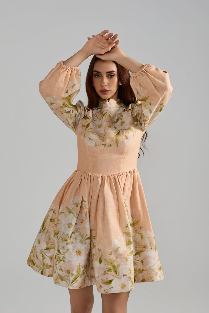 Peach Floral High Neck Fit and Flare Mini Dress