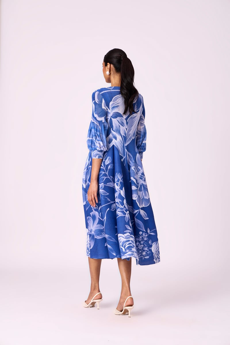 Blue Floral Pleated Fit and Flare Midi Dress