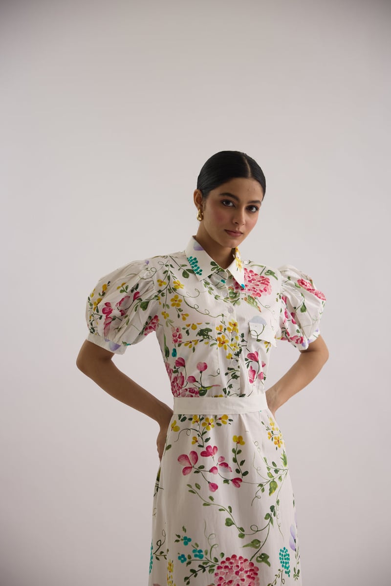 White Floral Printed Poplin Shirt Midi Dress with Belt