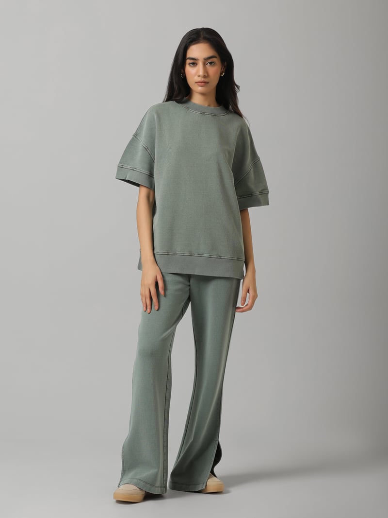 Green Acid Wash Short Sleeve Crew Neck Sweatshirt
