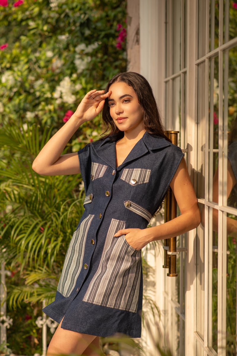 Blue Denim Mini Shirt Dress with Striped Pocket Panels