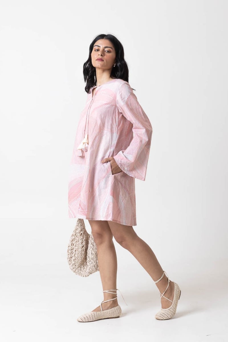 Pink/White Abstract Dot Print A-Line Mini Dress