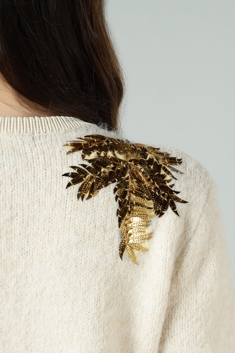 Off-White Cropped Knit Cardigan with Sequin Shoulder Detail
