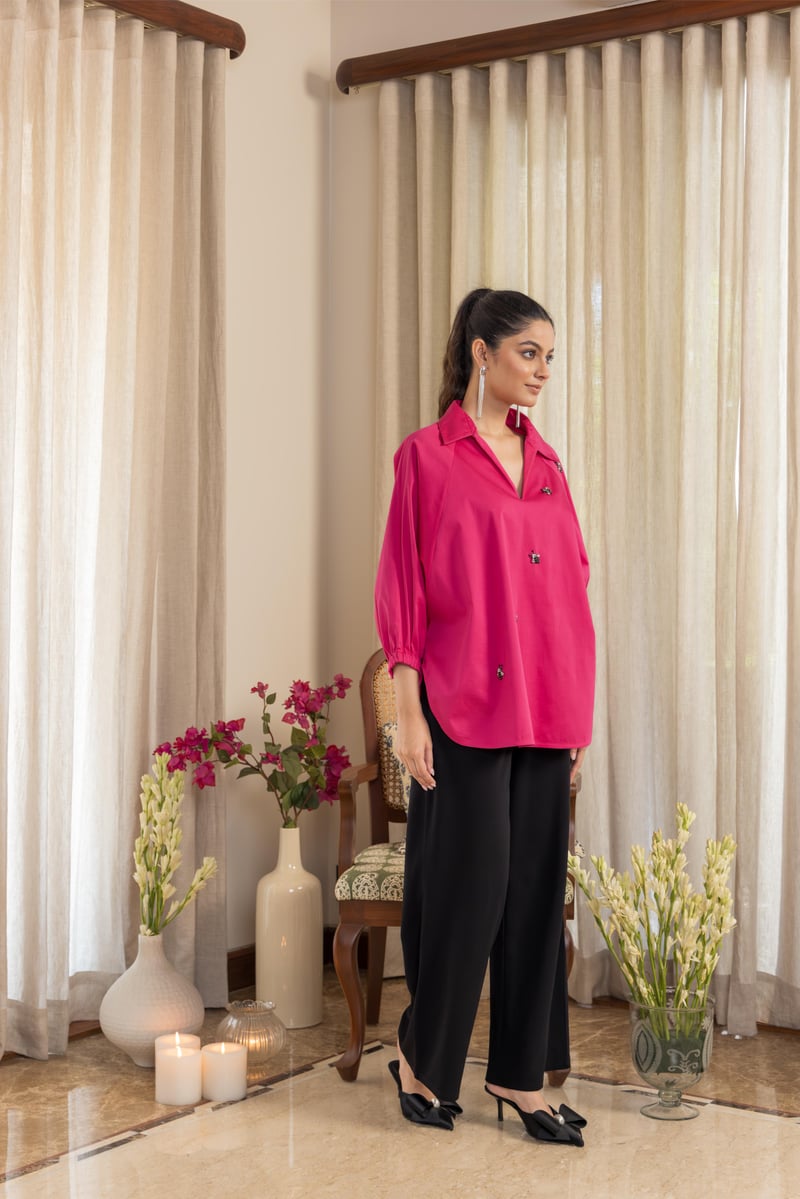 Blush Satin Lycra Relaxed Fit Shirt with Bee Motifs