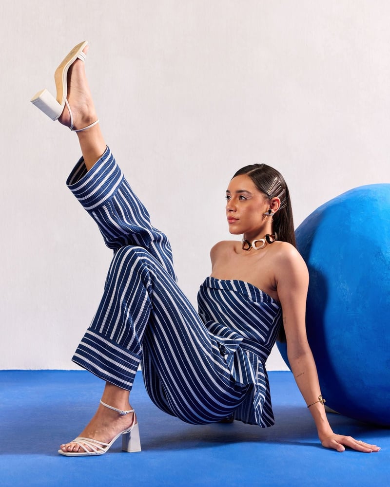 Blue/White Striped Bandeau Peplum Top and Pant Set