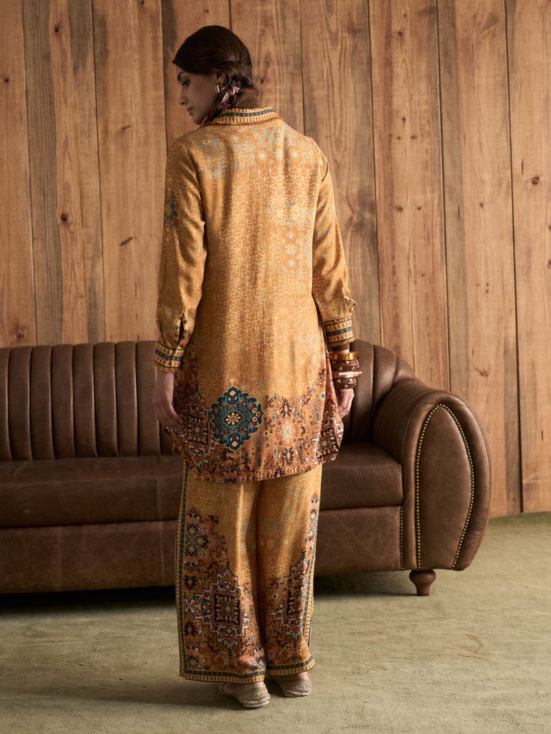 Yellow Printed Collared Co-ord Set with Wide-Leg Pants