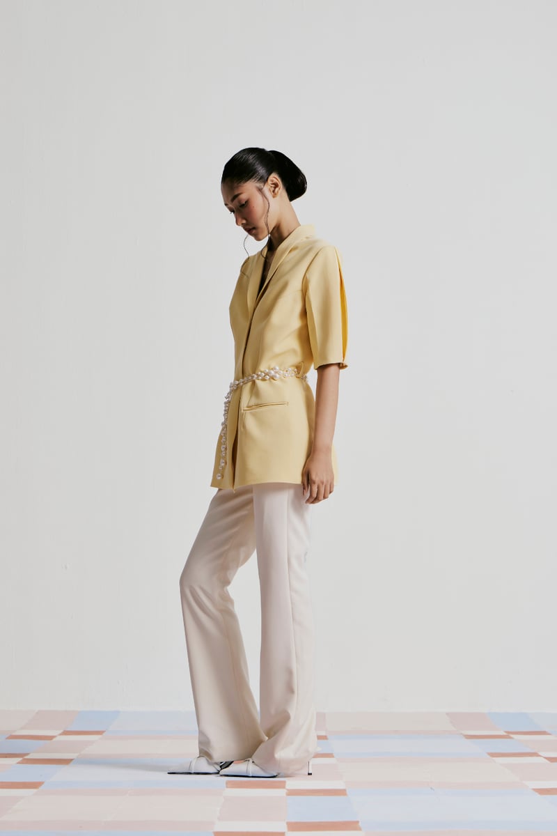 Pastel Yellow Banana Crepe Tailored Blazer with Pearl Belt
