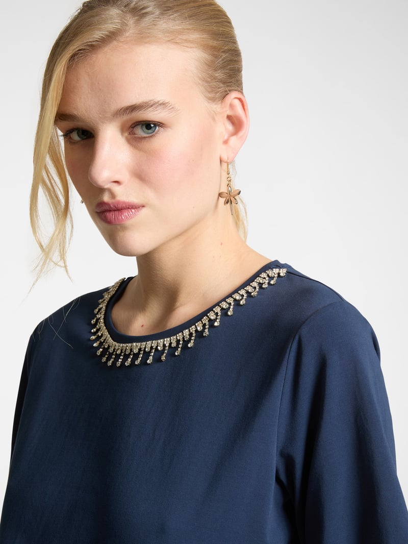 Blue Crew-Neck T-Shirt with Rhinestone Neckline