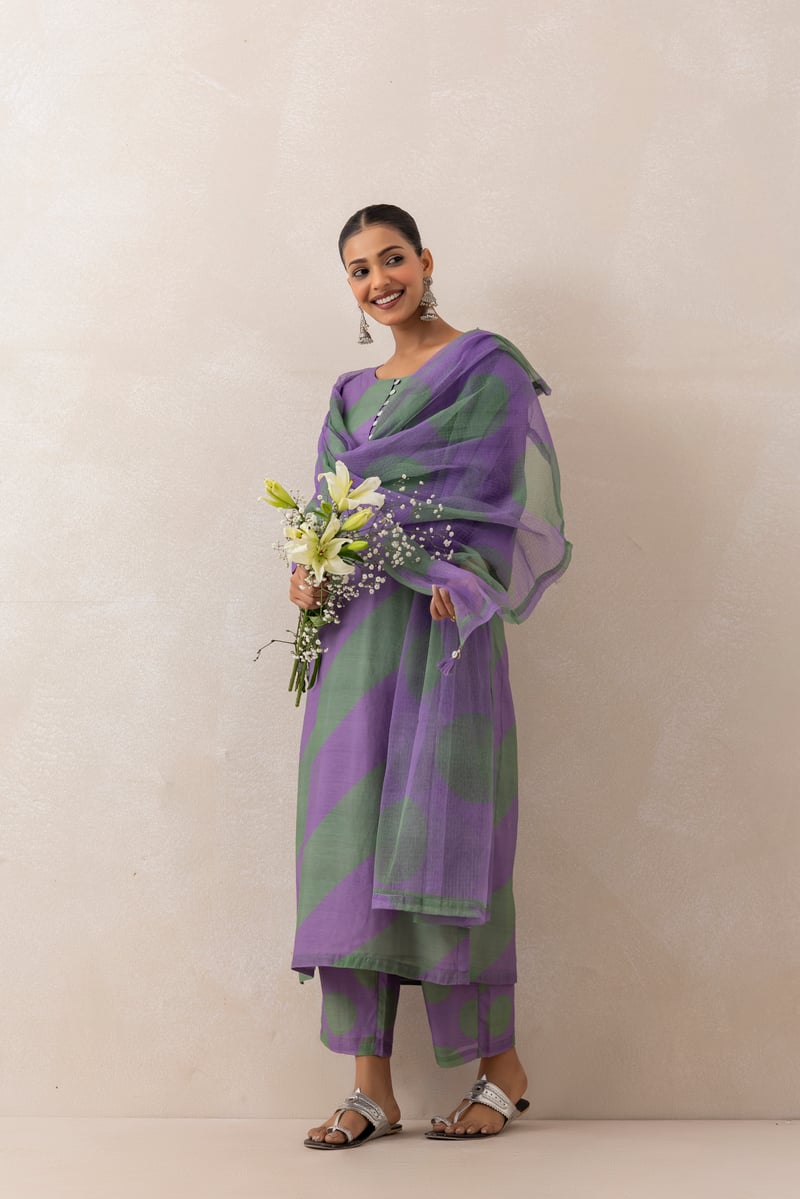 Purple and Green Printed Straight Kurta Set with Dupatta
