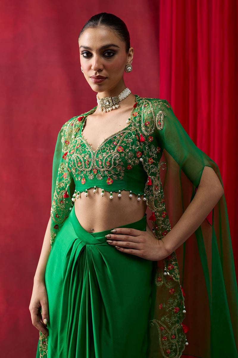 Green Embroidered Cape Co-ord Set with Draped Maxi Skirt