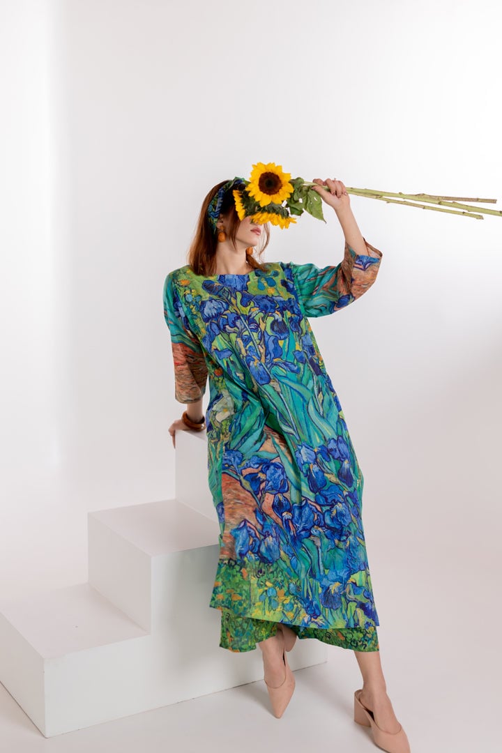 Aqua Blue Floral Printed A-Line Kurta and Pants Set