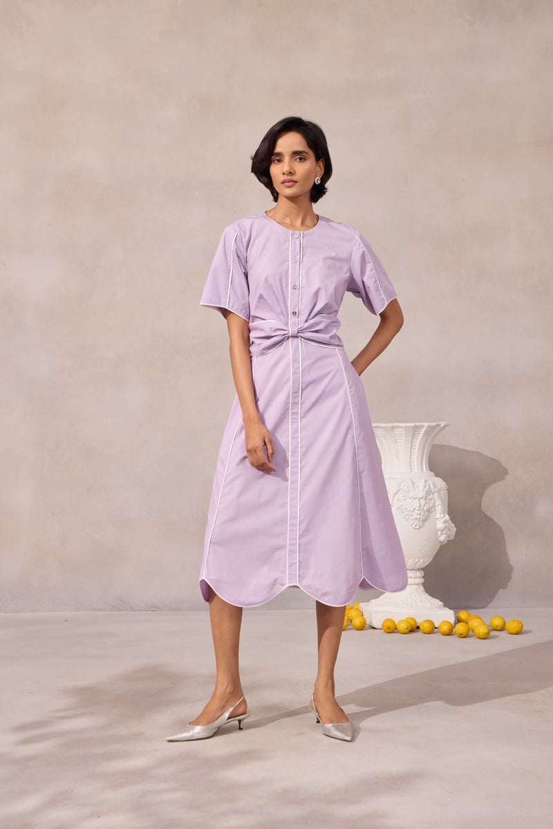 Sweet Lavender Fit and Flare Midi Dress with Piping