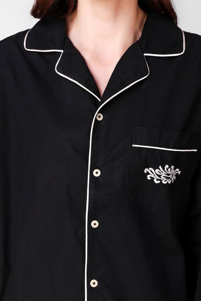 Black Cotton Poplin Pyjama Suit Set with Contrast Piping