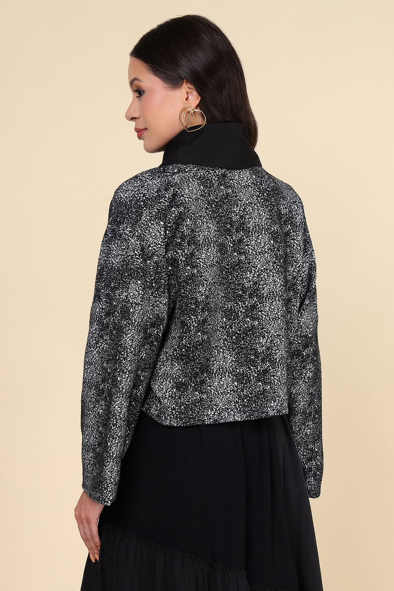 Black/Grey Cropped Wrap Jacket with Lapel Collar