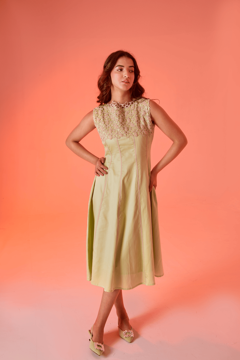 Leek Green Cotton Satin Lace Yoke Fit and Flare Midi Dress