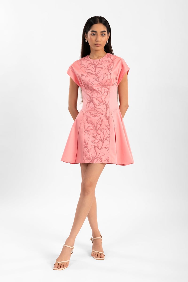 Pink Embroidered Fit and Flare Mini Dress