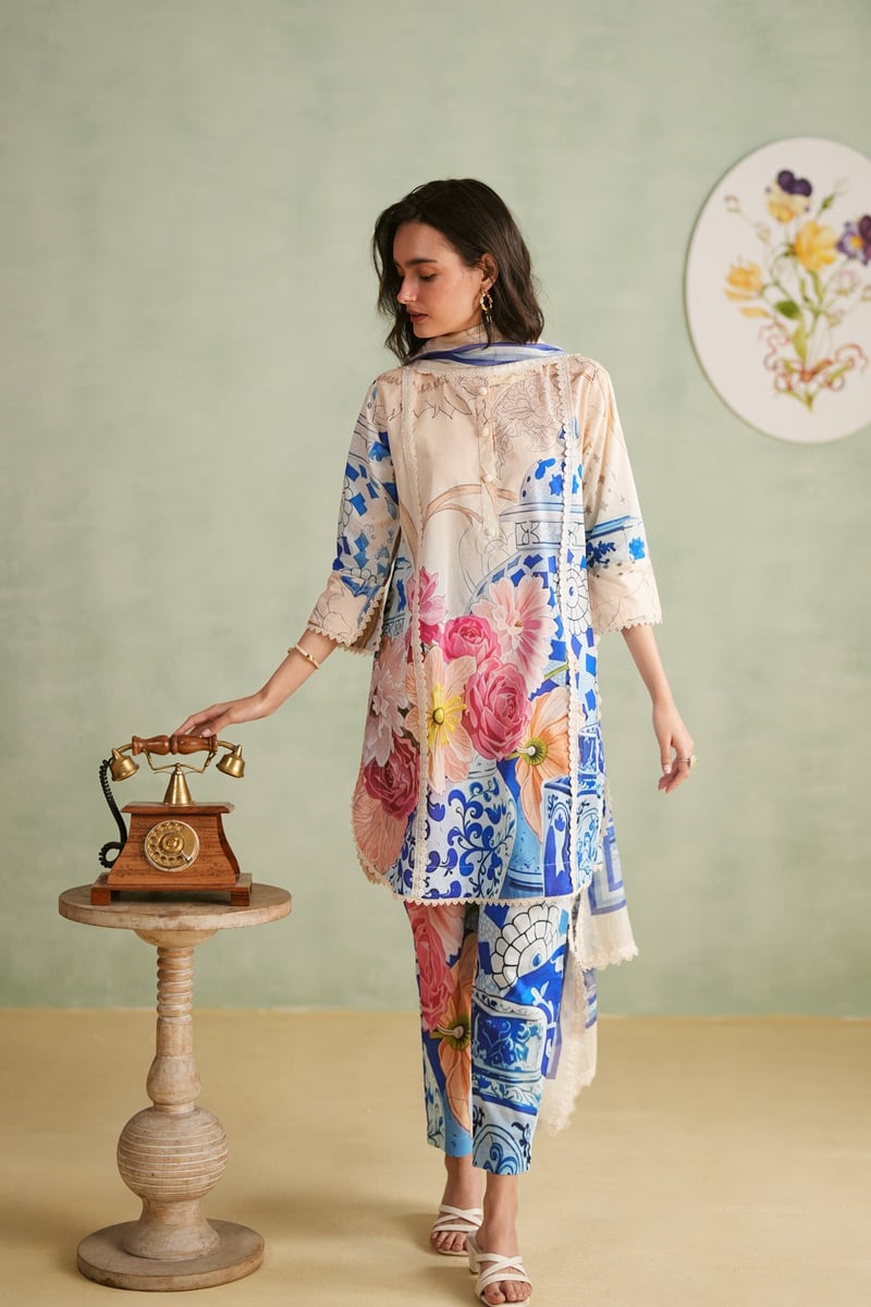 Beige/Blue Printed Cotton Lawn Suit Set