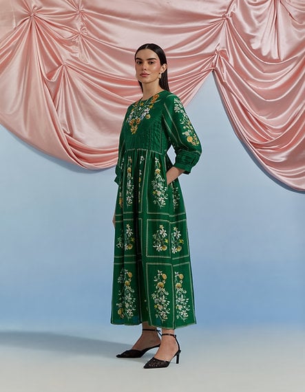 Forest Green Floral Maxi Dress with Embroidered Yoke