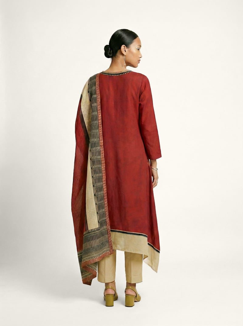 Red Muslin Silk V-Neck Asymmetrical Hem Kurta Set