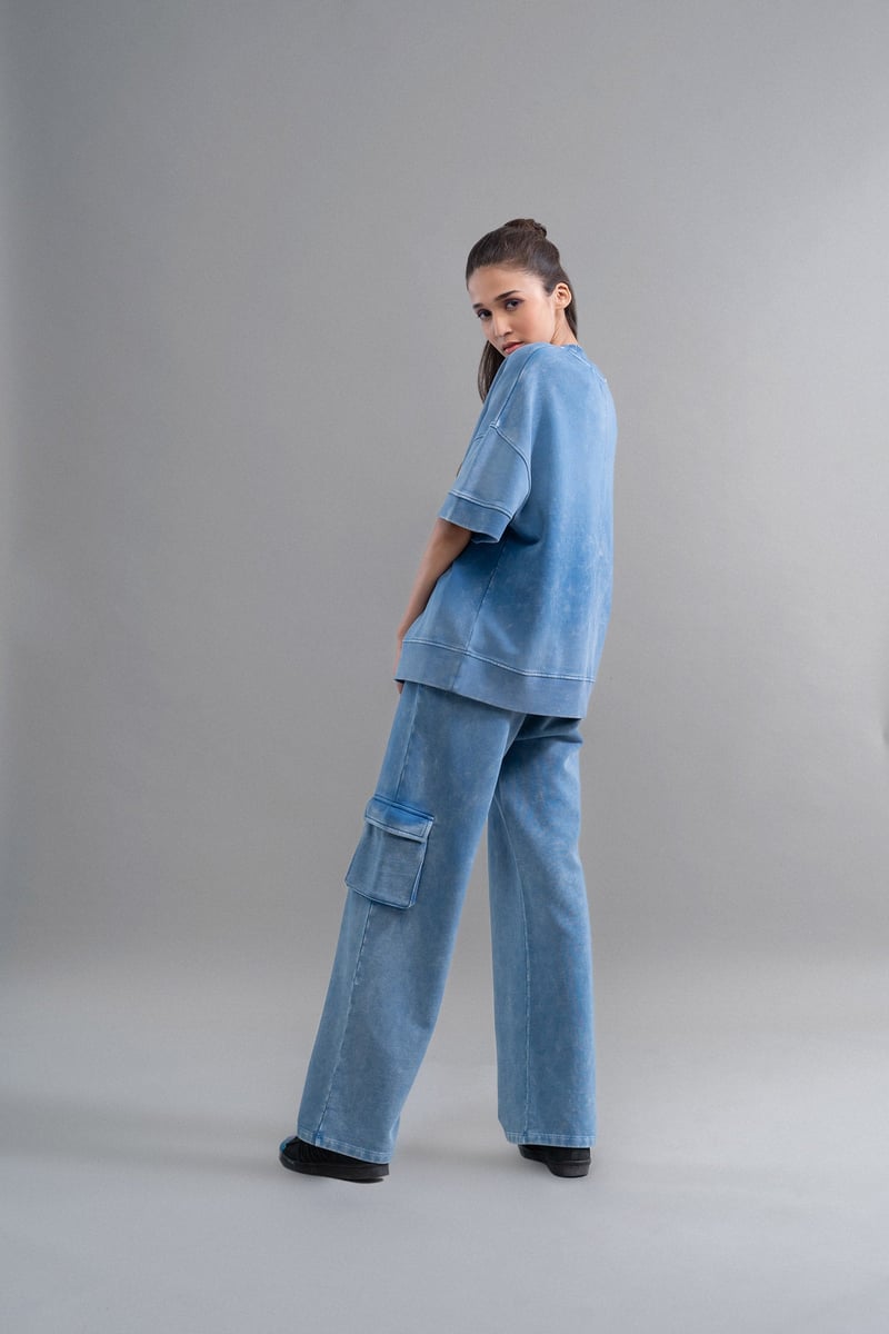 Blue Cotton Terry Wide-Leg Cargo Trousers