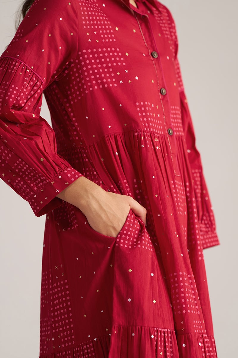 Samba Red Block Print Tiered Kurta and Pant Co-ord Set
