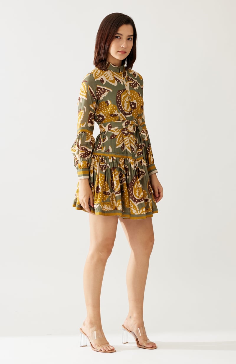 Olive And Mustard Floral Short Dress