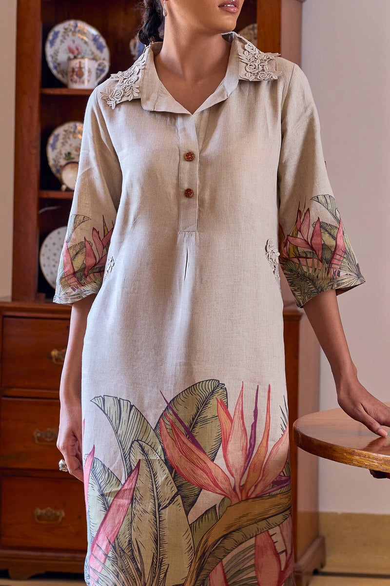 Beige Linen Tropical Print Midi Shirt Dress