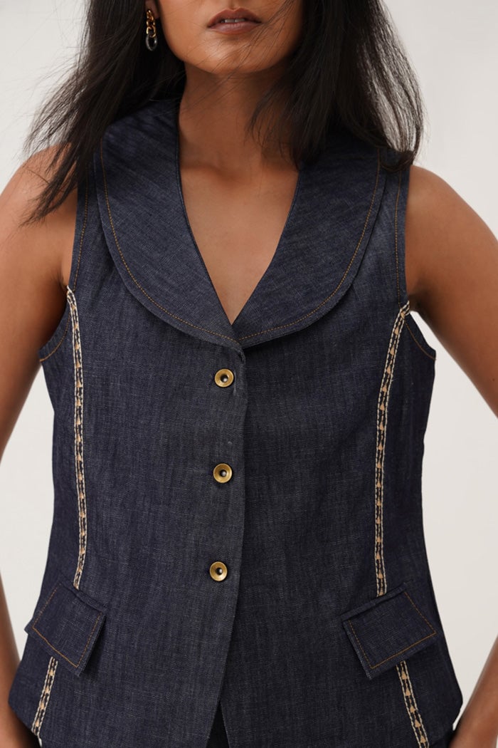 Denim Blue Waistcoat and High-Waist Pants Co-ord Set