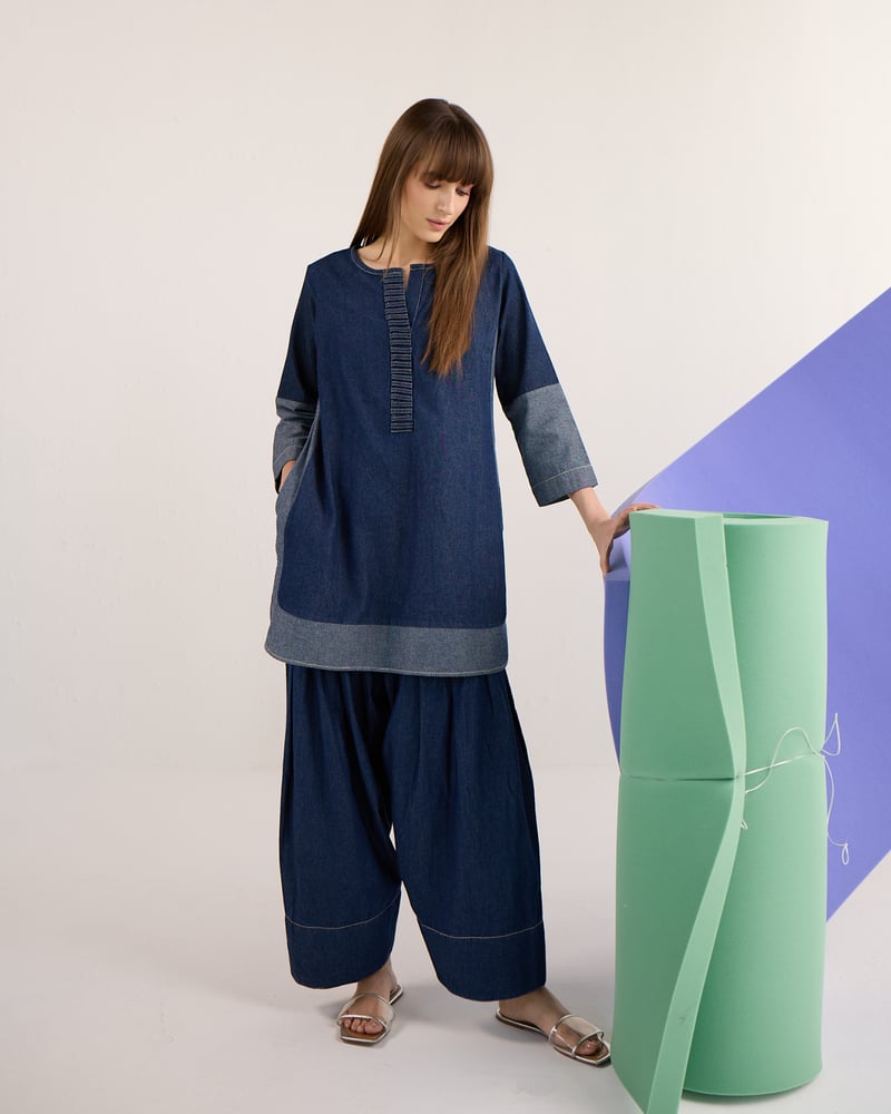 Blue Denim Colorblock Tunic and Farshi Pants Co-ord Set