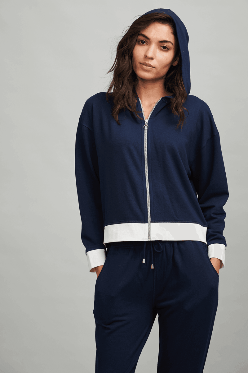 Navy and White Zip-Up Hoodie with Hood