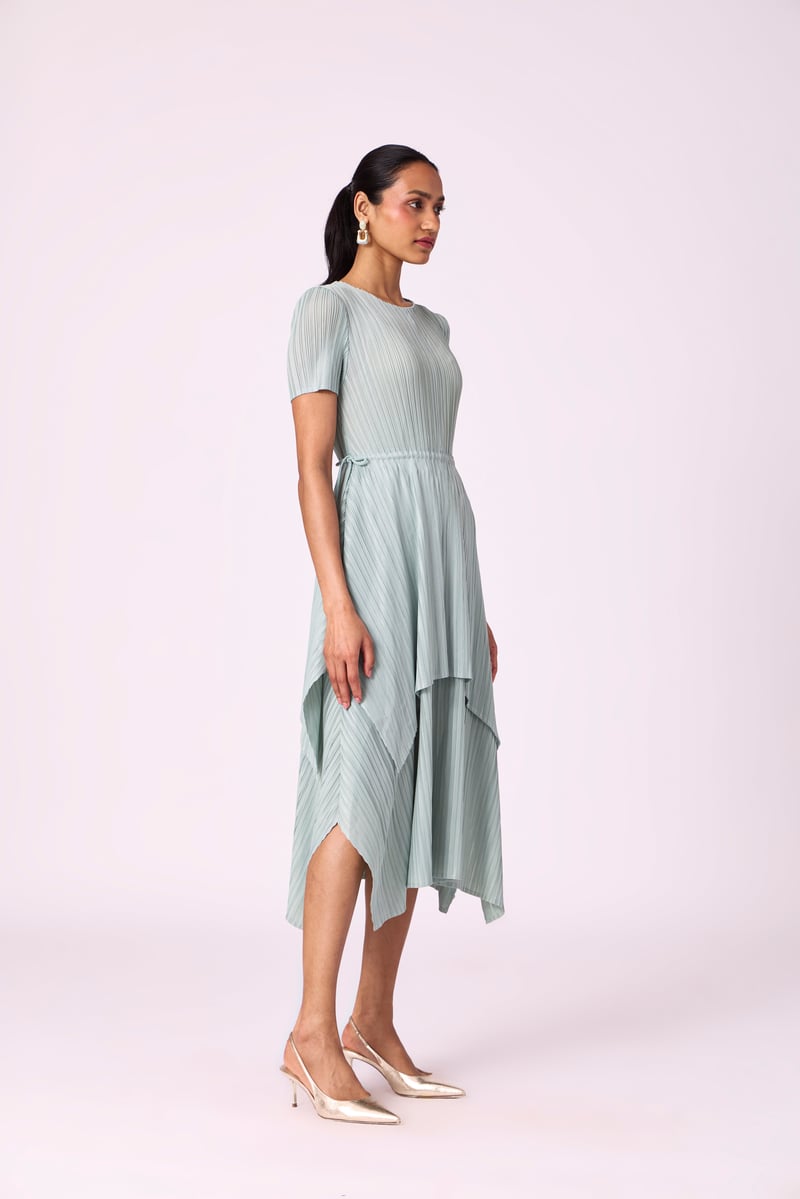 Sage Mint Pleated A-Line Midi Dress with Tie Waist