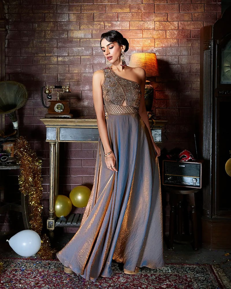 Twilight Dusk One-Shoulder Shimmer Maxi Gown
