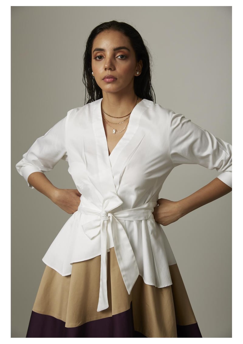 White/Beige/Wine Colorblock High-Low Wrap Tie Dress